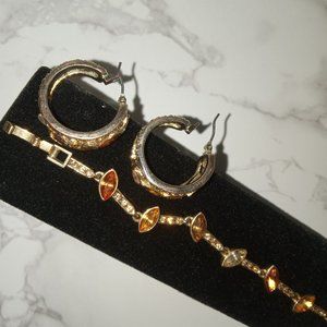 Gold tone almond shaped gemstone bracelet w/ matching gemstone earrings